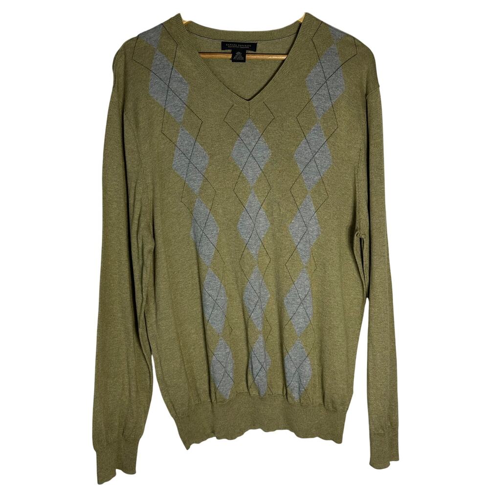 Banana Republic Silk Cashmere Sweater Mens XL Long Sleeve Green Argyle